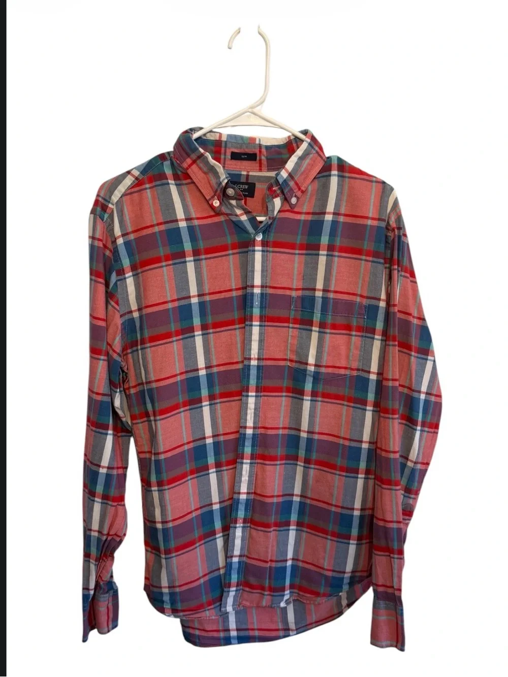 J Crew medium slim Men's Red Plaid Button-Down Shirt Summer Plaid